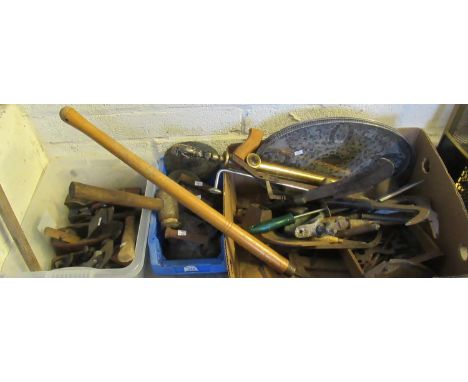 Collection of vintage and other tools to include; scythes, mallets, planes, silver plated tray etc. (B.P. 21% + VAT) 