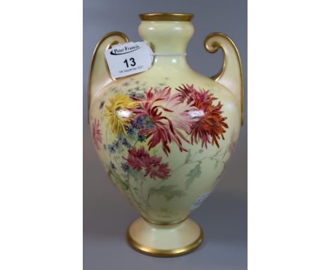 Royal Worcester blush ivory two handled vase of baluster form decorated with spring flowers, signed Edward Raby, shape no. 10