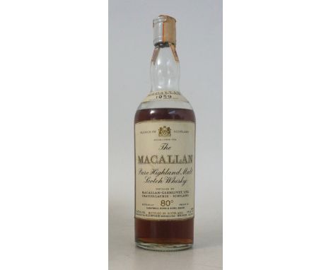 MACALLAN 1959 - 80 DEGREE
1 bottle.  Macallan Single Malt Scotch Whisky.  OB.  Bonded 1959.  26 2/3 Fl. Ozs./ 75cl.  80 degre