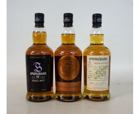 SPRINGBANK & LONGROW
3 bottles.  SPRINGBANK 18 YEAR OLD Single Malt Scotch Whisky.  OB.  70cl.  46% abv.  In original carton.