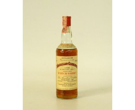 MACALLAN 1958 25YO
Single Malt Scotch Whisky. Macallan-Glenlivet 1958 25yo. Bottled by Gordon & MacPhail  for Pinerolo. Red s