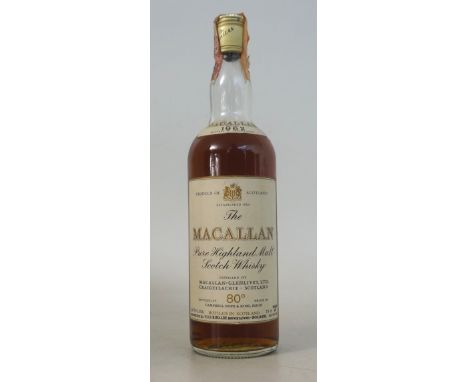 MACALLAN 1962 - 80 PROOF
1 bottle.  Macallan 1962 Vintage Single Malt Scotch Whisky.  OB.  26 2/3 Fl. Ozs./75cl.  80 degrees 