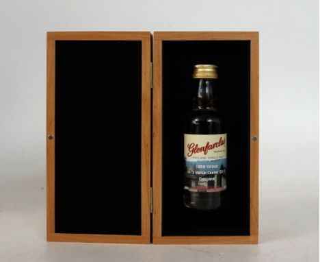 GLENFARCLAS 1988 VINTAGE MINIATURE
1 bottle.  Glenfarclas 1988 Vintage Miniature Single Malt Scotch Whisky.  OB.  5cl.  43% a