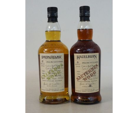 SPRINGBANK & HAZELBURN
2 bottles.  SPRINGBANK 12 YEAR OLD CALVADOS WOOD Single Malt Scotch Whisky.  70cl. 52.7% abv.  OB.  Di