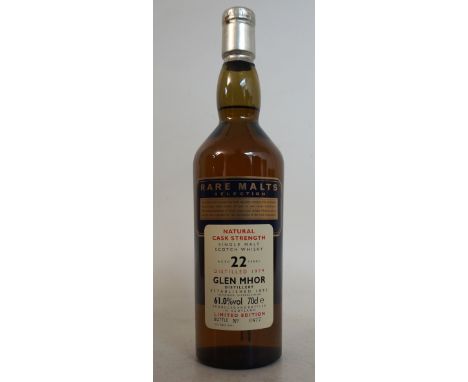 GLEN MHOR 22 YEAR OLD RARE MALTS
1 bottle.  Glen Mhor 22 Year Old Single Malt Scotch Whisky.  OB.  70cl.  61% abv.  Bottles a