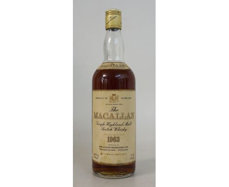 MACALLAN 1963 
1 bottle. The Macallan 1963 Single Malt Scotch Whisky. Vintage embossed on label. Bottled late 1970s. Branded 