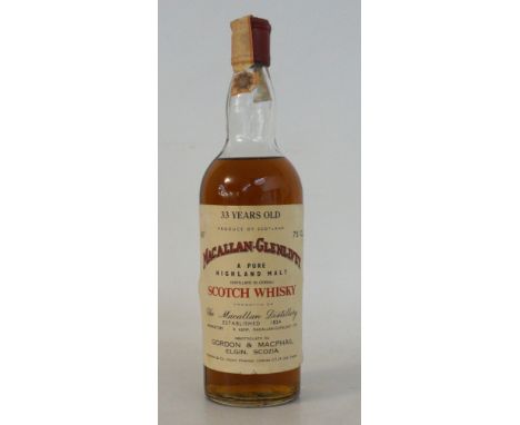 MACALLAN 33YO 
Single Malt Scotch Whisky. Macallan-Glenlivet 33yo bottled by Gordon & MacPhail for Pinerolo. Bottled 1970s. R