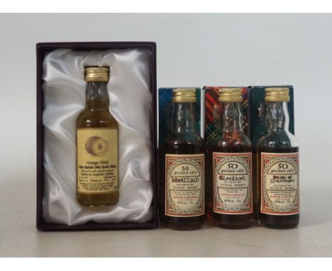 SELECTION OF AGED MINIATURES
4 bottles.  MORTLACH 50 Year Old Single Malt Scotch Whisky.  5cl.  40% abv.  Distilled 17th Octo