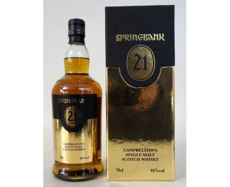 SPRINGBANK 21 YEAR OLD
1 bottle.  Springbank 21 Year Old Single Malt Scotch Whisky.  OB.  70cl.  46% abv.  In original presen