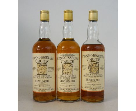 3 CONNOISSEURS CHOICE MALTS
3 bottles.  GLENLOSSIE 1970 CONNOISSEURS CHOICE Single Malt Scotch Whisky.  75cl.  40% abv.  An o
