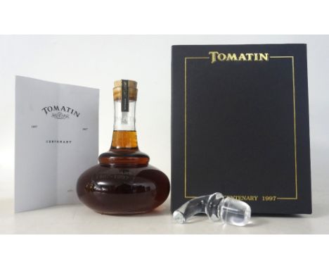 TOMATIN CENTENARY 30 YEAR OLD
1 bottle.  Tomatin 30 Year Old Single Malt Whisky.  90cl.  43% abv.  Presented in a hand-made c