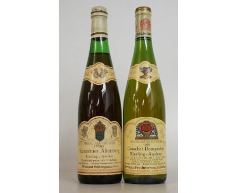 2 BOTTLES REISLING-AUSLESE
1 bottle.  GRAACHER DOMPROBST 1985 Riesling-Auslese.  Bottled by Hermann Freiherr von Schorlemer. 