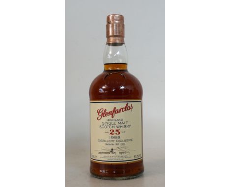 GLENFARCLAS 25 YEAR OLD DISTILLERY EXCLUSIVE
1 bottle.  Glenfarclas 25 Year Old Single Malt Scotch Whisky.  OB.  700ml.  53.2