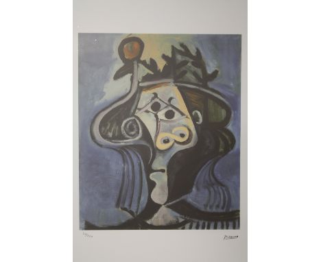 A FRAMED AND GLAZED LIMITED EDITION PICASSO ABSTRACT PORTRAIT STUDY PRINT 50/200 WITH BLIND STAMP LOWER LEFT SIZE - 36CM X 44