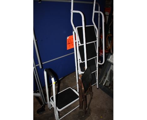 A METAL STEP LADDER TOGETHER WITH A SMALL WOODEN EXAMPLE PLUS A STEP