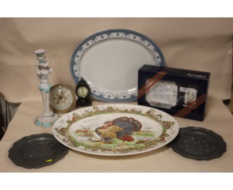 A COLLECTION OF CERAMICS TO INCLUDE A BOXED AYNSLEY CLOCK AND PICTURE FRAME SET, MEAT PLATES, FIGURATIVE CANDLE STICK