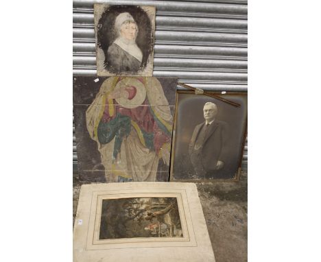 AN ANTIQUE PART OIL ON PANEL OF A RELIGIOUS FIGURE A/F TOGETHER WITH A WATERCOLOUR PORTRAIT STUDY OF A LADY PLUS A G. MOORLAN