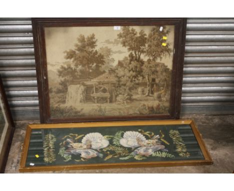 AN ANTIQUE OAK FRAMED AND GLAZED TAPESTRY DEPICTING A WATERMILL TOGETHER WITH A GILT FRAMED EXAMPLE OF BIRDS (2)