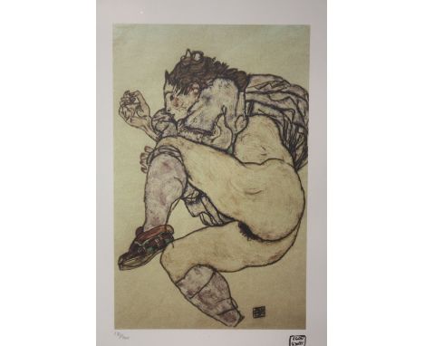 A FRAMED AND GLAZED LIMITED EDITION EGON SCHIELE ABSTRACT PRINT OF A SEMI NUDE FIGURE WITH CERTIFICATE AND S.P.A.D.E.M BLIND 