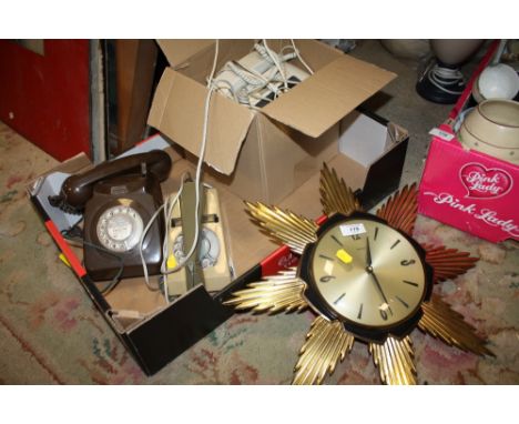 A RETRO TIMEMASTER  WALL CLOCK TOGETHER WITH THREE VINTAGE TELEPHONES 