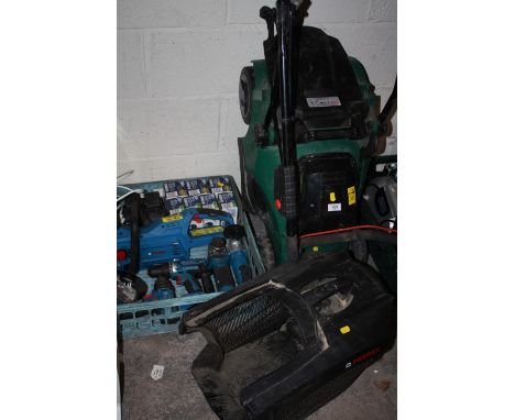 A FERREX LAWNMOWER TOGETHER WITH A TRAY OF FERREX POWER TOOLS BATTERIES ETC