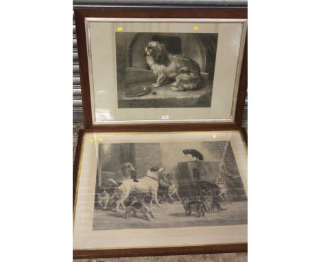 TWO LARGE OAK FRAMED AND GLAZED ENGRAVINGS DEPICTING DOGS ENTITLED 'HOME SWEET HOME', 'A STUMP ORATOR' TOGETHER WITH A BLACK 