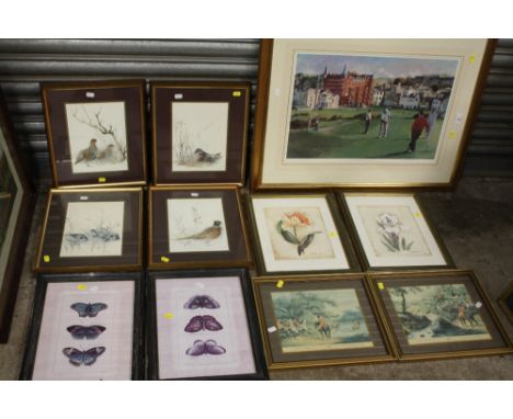 A QUANTITY OF PICTURES AND PRINTS TO INCLUDE A SET OF FOUR ANIMAL PRINTS, SIGNED LIMITED EDITION GOLF INTEREST PRINT BY HUGH 
