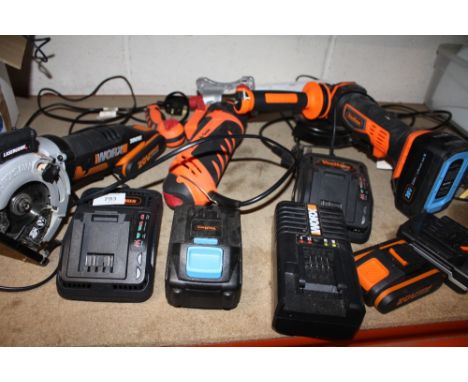 A WORX CIRCULAR SAW, VON HAUS ANGLE GRINDER, TWIST-A-SAW, TWO BATTERY CHARGERS PLUS TWO BATTERIES (7) - HOUSE CLEARANCE