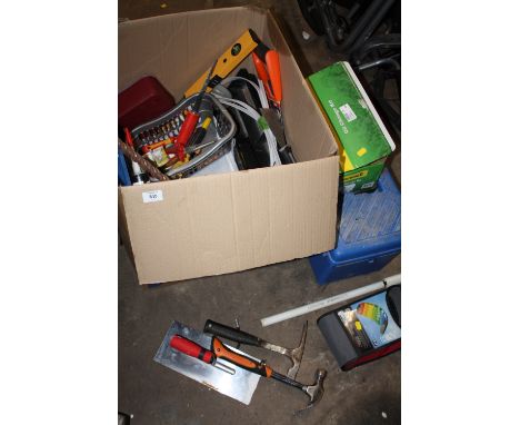 A BOX AND A TRAY OF TOOLS AND PARTS ETC