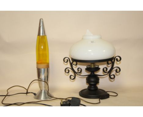 A MODERN CAST METAL TABLE LAMP WITH GLASS SHADE A/F TOGETHER WITH A LAVA LAMP (2)