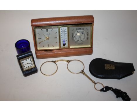 A SET OF YELLOW METAL FOLDING LORGNETTES TOGETHER WITH AND ANGELUS SENTRY TRAVELLING DESK CLOCK AND CALENDAR ETC