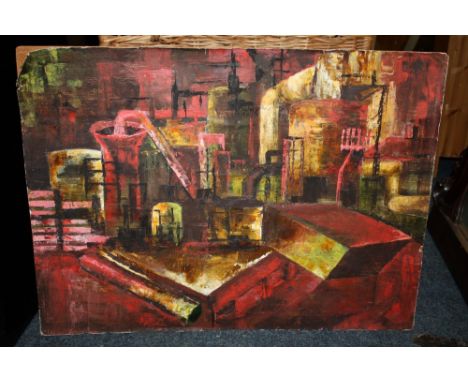 AN UNFRAMED OIL ON PAPER LAID ON BOARD OF AN ABSTRACT TOWN SCENE SIGNED PAMELA ABEL SMITH - SIZE - 76CM X 56CM