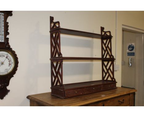 A MAHOGANY HANGING SHELF WITH DRAWERS H-76 W-77 CM