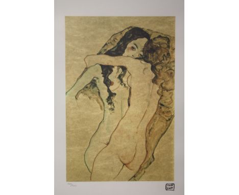 A FRAMED AND GLAZED LIMITED EDITION EGON SCHIELE ABSTRACT PRINT OF NUDE FIGURES 200/200 WITH CERTIFICATE AND S.P.A.D.E.M BLIN