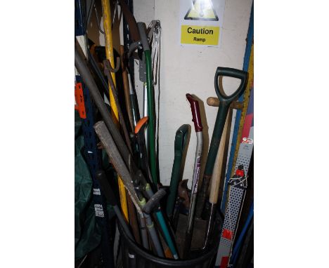 A BIN OF GARDEN TOOLS ETC