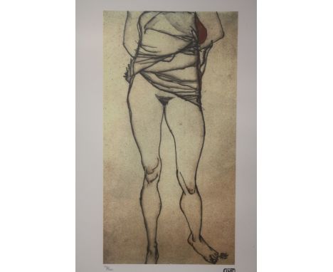 A FRAMED AND GLAZED LIMITED EDITION EGON SCHIELE PRINT OF A SEMI NUDE FIGURE 28/200 WITH CERTIFICATE AND S.P.A.D.E.M BLIND ST