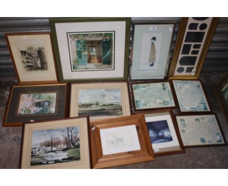 A QUANTITY OF PRINTS TO INCLUDE AN LS LOWRY PRINT OF A GENTLEMAN, MAPS ETC