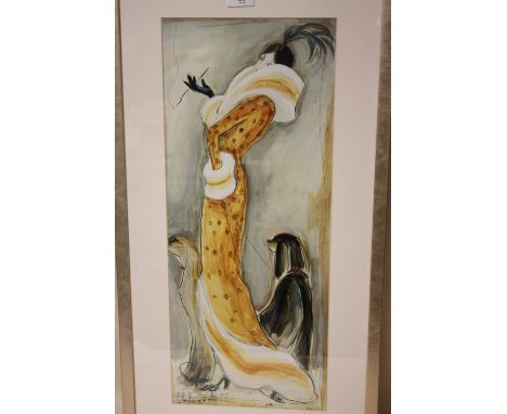 A MODERN FRAMED AND GLAZED KAREN DUPRE PRINT OF AN ART DECO STYLE LADY WITH TWO DOGS - SIZE INCLUDING FRAMED 76CM X 41CM