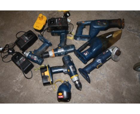 A BAG OF POWER TOOLS ETC TO INCLUDE RYOBI PLUS A BENCH GRINDER