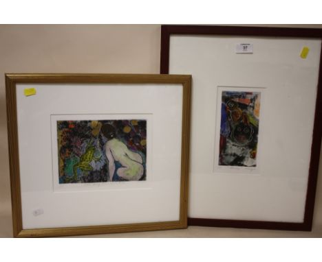 TWO MODERN FRAMED AND GLAZED ABSTRACT LIMITED EDITION PICTURES ENTITLED 'BIRDY' 1/5 AND 'THE FROG PRINCE AND EVE' 1/5 BOTH SI