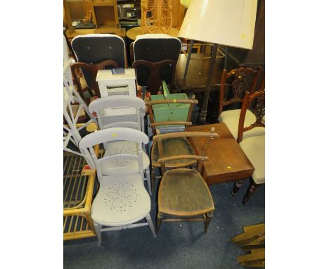 A VINTAGE MAHOGANY COMMODE STOOL, A STANDARD LAMP AND SHADE AND TWO PAIRS OF CHAIRS (6)