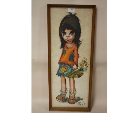 A FRAMED AND GLAZED 1970 RETRO OIL ON PAPER FULL LENGTH PORTRAIT OF A YOUNG GIRL SIGNED FLORIAN - SIZE 25CM X 65CM