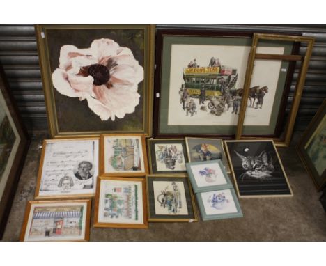 A COLLECTION OF PICTURES AND PRINTS TO INCLUDE A FRAMED OIL ON BOARD SIGNED DAVINA K, PASTEL STILL LIFE STUDY ETC. 