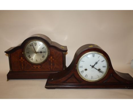 AN INLAID MAHOGANY MANTEL CLOCK, TOGETHER WITH A NAPOLEON HAT EXAMPLE (2) 