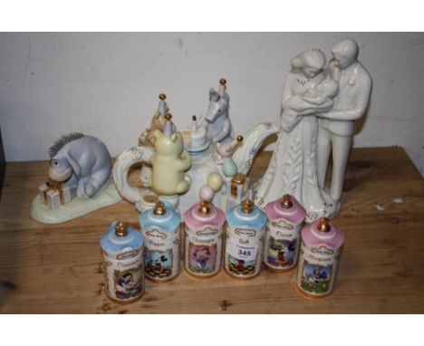 A COLLECTION LENOX DISNEY CERAMICS TO INCLUDE A POOHS BIRTHDAY CELEBRATION TEAPOT, SIX SPICE JARS ETC. TOGETHER WITH A LENOX 