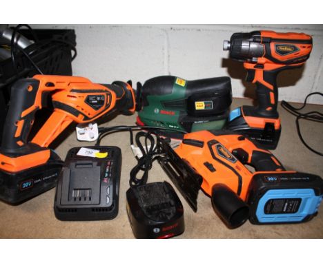 TWO VON HAUS CORDLESS SAWS PLUS A DRILL TOGETHER WITH A CHARGER PLUS A BOSCH SANDER (7) - HOUSE CLEARANCE