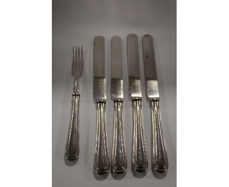 FOUR SILVER HANDLED KNIVES AND A SILVER HANDLED FORK
