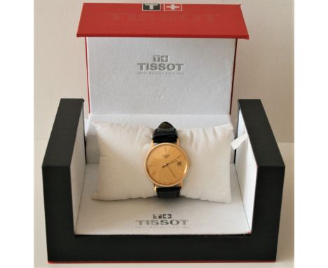 Montre en or 18 Ct TISSOT GoldRUN dans sa boîte d'origine, bracelet cuir, parfait état - Mention "25 ans" gravée sur le couve