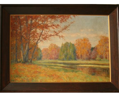 Eugène MOUSSET (1877-1941), portraitiste et paysagiste luxembourgeois, Huile sur toile : Etang de l'Ellergronn, signature en 