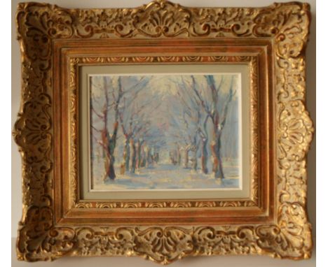 Eugène MOUSSET (1877-1941), portraitiste et paysagiste luxembourgeois, Huile sur toile : Allée sous la neige, signature en ba
